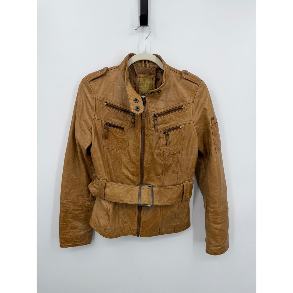 Ventiuno Belted Leather Moto Jacket Women S/M Tan Military Utility Zip Up